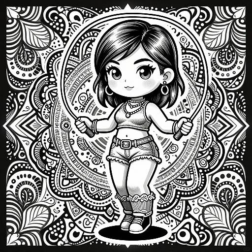 Black and white chibi-style drawing of a young girl with shoulder-length hair, wearing a crop top and shorts, set against an intricate, swirling,