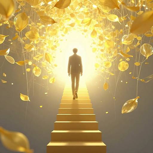 Digital artwork: Silhouetted figure in suit walks up golden stairs, surrounded by falling yellow leaves, illuminated by bright, radiant light.
