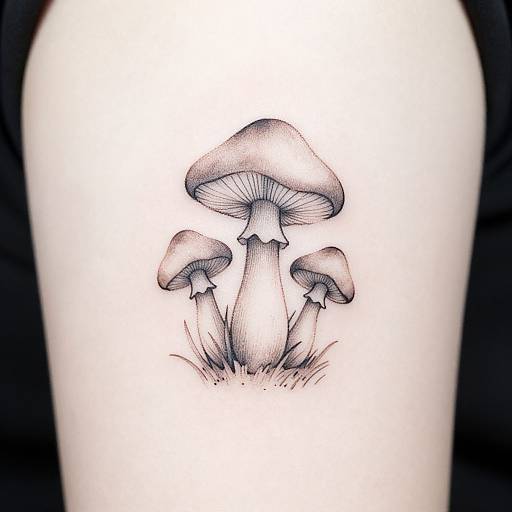 Black-and-gray ink tattoo of three realistic mushrooms with detailed gills and caps, standing in grass, on white skin.