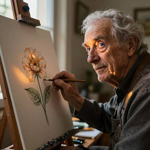 Photograph of an elderly white man with wavy gray hair, intense expression, painting a detailed orange flower on canvas with a brush, sunlight illuminating