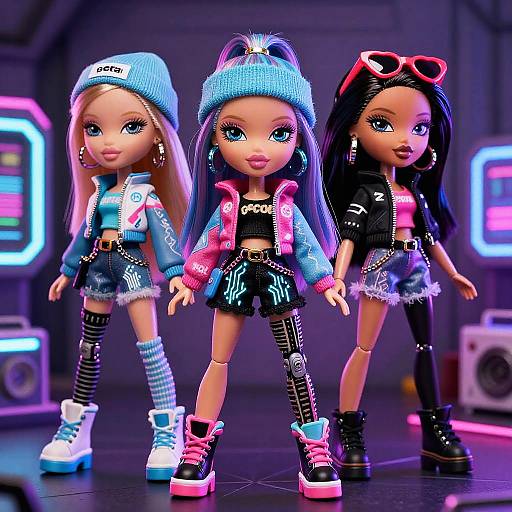 Photograph of three stylized dolls with neon outfits, blue beanie, pink jacket, black leather, and futuristic accessories, in a vibrant, neon