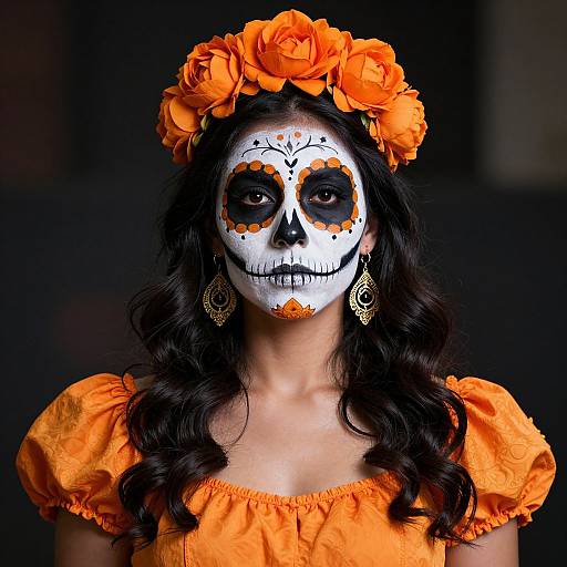 Photograph of a woman in orange Day of the Dead makeup, flower crown, and dress, with black wavy hair, against a dark background.