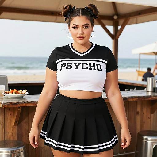 Plus-Size Sporty Cheerleader at Beach Bar