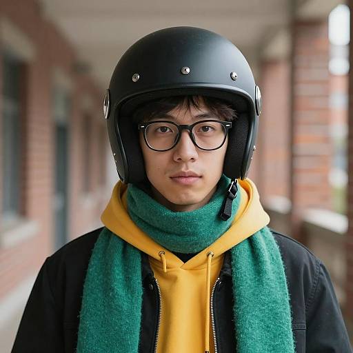 Young man in motorcycle helmet with scarf and glasses