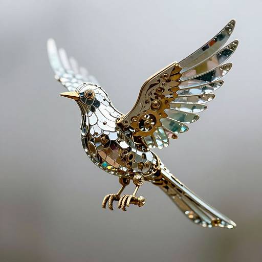 Photograph of a detailed, metallic, wireframe bird sculpture with reflective, glass-like wings and tail feathers, set against a soft, blurred gray background