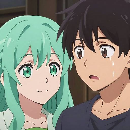 Anime-style digital drawing of a surprised black-haired boy with sweat drop, next to a smiling turquoise-haired girl with large eyes.