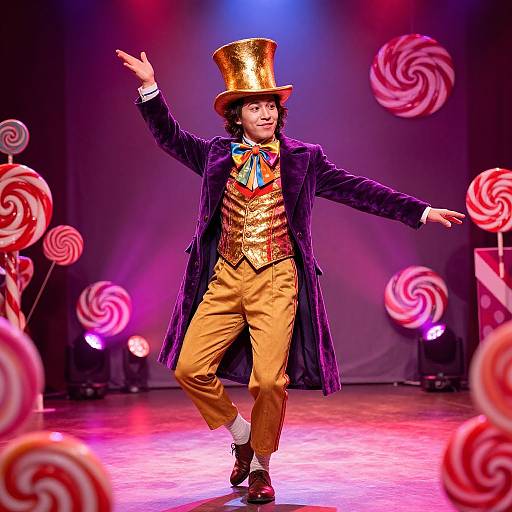Photograph of a male performer in a purple velvet coat, gold vest, orange pants, and a glittery top hat, dancing on stage surrounded by