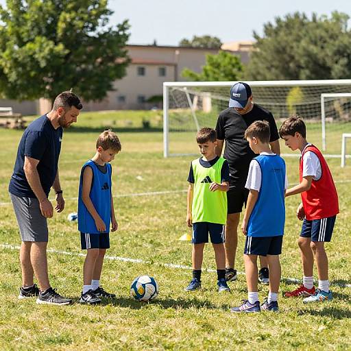 Photograph of a male soccer coach in black shirt and shorts, instructing five young boys in blue and red vests on a sunlit grassy field