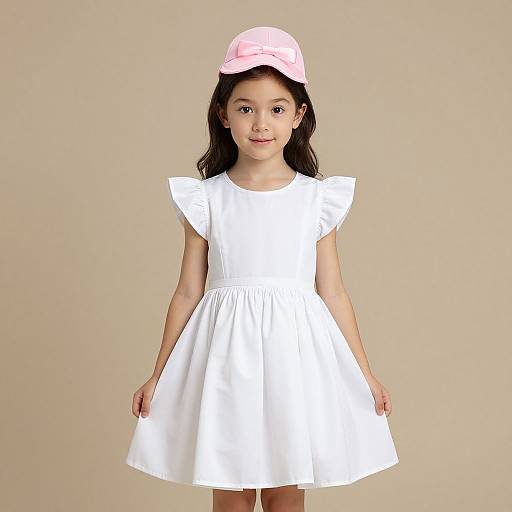 Photograph of a young Asian girl with long dark hair, wearing a white sleeveless dress and pink baseball cap, standing against a beige background.