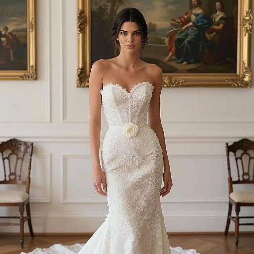 Photograph of a slender, dark-haired woman in a strapless, white lace wedding gown with a floral detail, standing in an elegant room with classic