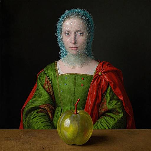 Photograph of a pale, curly-haired woman in green dress with red cape, holding a green apple on a wooden table, black background.