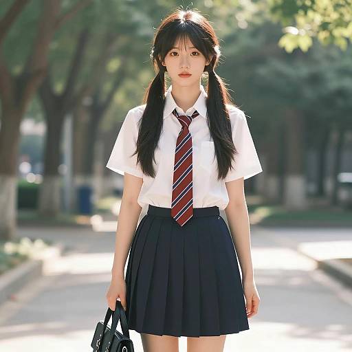 Asian Schoolgirl in Uniform with Handbag Outdoors