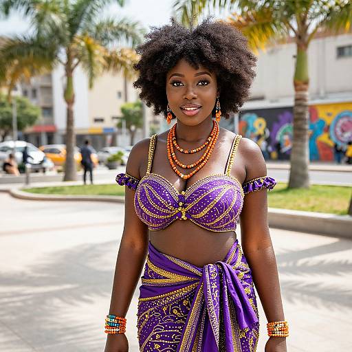 Photograph of a beautiful, dark-skinned African woman with a natural afro, wearing a vibrant purple and gold patterned bikini top and wrap skirt