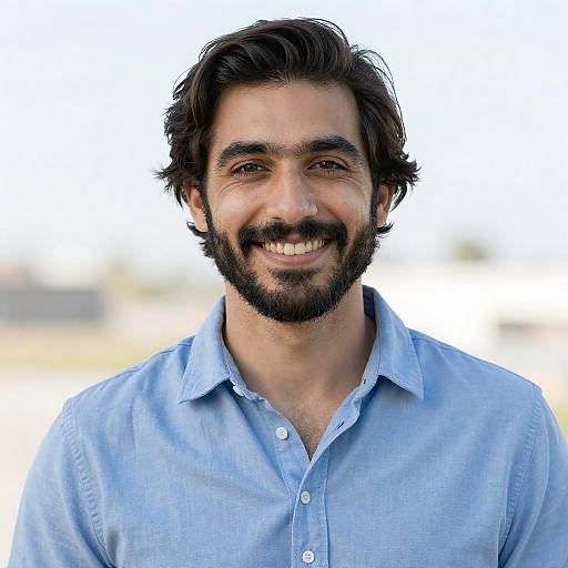 Smiling Bearded Man in Blue Shirt