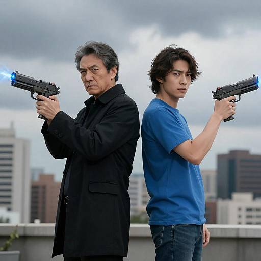 Two Men Back-to-Back with Futuristic Guns