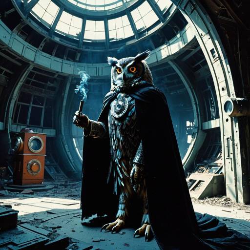 Cosmic Owl in Abandoned Observatory Scene