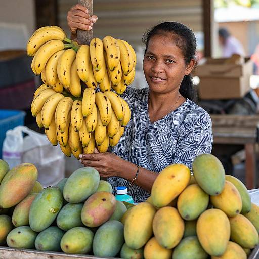 Photograph of a smiling Southeast Asian woman with dark skin and black hair, wearing a black-and-white patterned shirt, holding a bunch of yellow bananas
