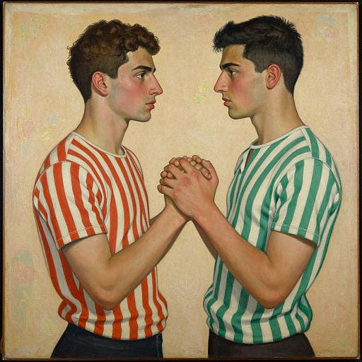 Digital painting of two young men facing each other, holding hands. One wears a red and white striped shirt, the other a green and white striped shirt