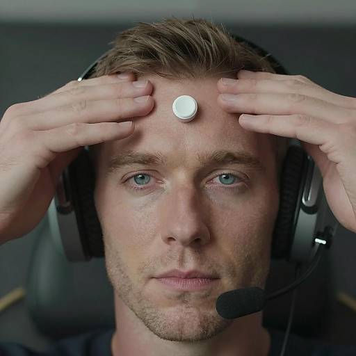 Man Wearing Headset with Forehead Sensor Device