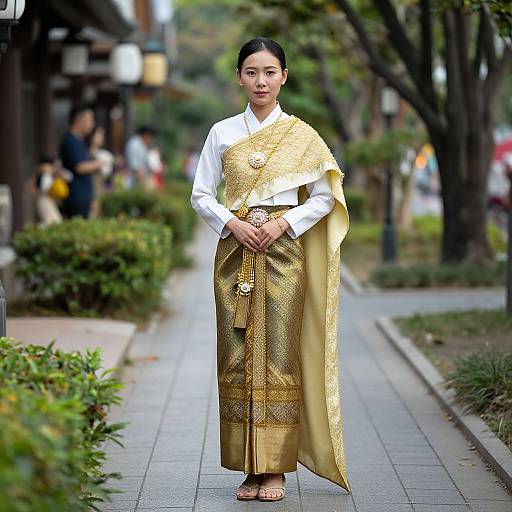 Photograph of an Asian woman standing on a paved path, wearing a white long-sleeve shirt and a gold embroidered traditional sari, with a