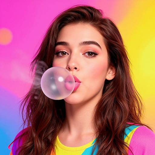 Photograph of a young woman with long brown hair, blowing a bubblegum bubble, wearing a colorful shirt, against a vibrant pink, yellow,