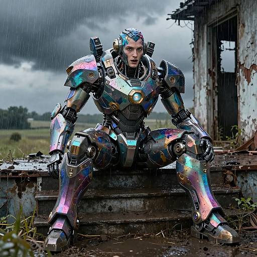 Photorealistic CGI of a futuristic, rainbow-colored robotic warrior with glowing blue eyes, sitting on a rain-soaked, dilapidated building steps.
