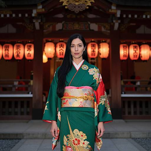 Photograph of an Asian woman with long black hair, wearing a green kimono with gold and red floral embroidery, standing in front of a traditional Japanese