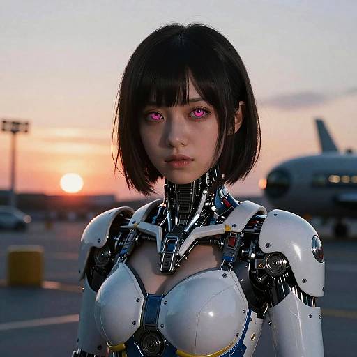 Photorealistic digital art of a cybernetic woman with pink glowing eyes, black bob haircut, white robotic armor, sunset at an airport.