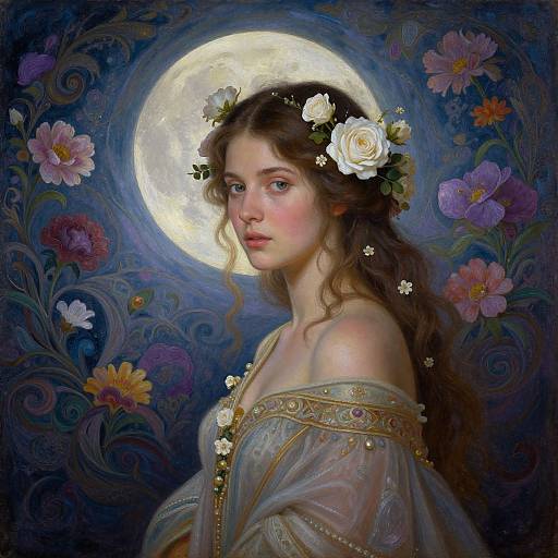 Digital painting of a fair-skinned, young woman with wavy brown hair, adorned with white flowers, wearing a sheer, gold-embroidered