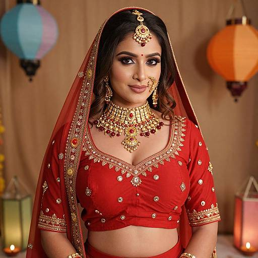 Photograph of an Indian bride in a red saree and gold jewelry, adorned with a maang tikka, against a warm-lit background.