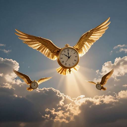 Photograph of three golden-winged clocks flying against a bright, cloudy sky, with sunlight streaming through. Clocks are positioned in a triangular formation.