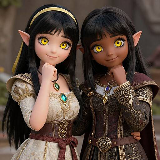 Two Motherly Elven Girls in Detailed Attire