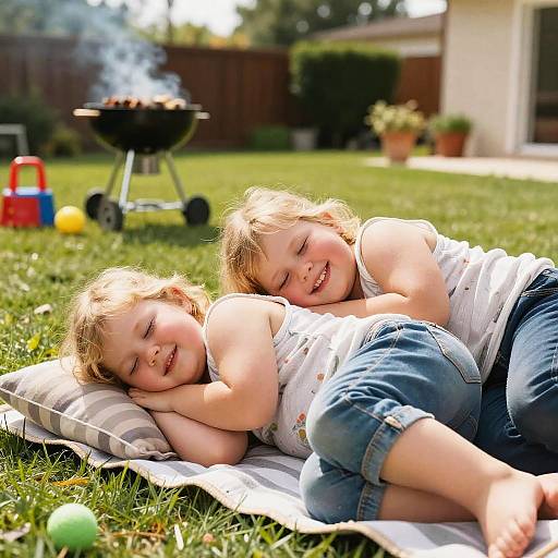 Photograph of two blonde, curly-haired toddlers with fair skin, smiling and napping on a striped pillow in a sunny backyard, wearing white tank tops