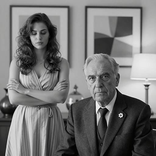 Serious Older Man and Young Woman in Black-and-White