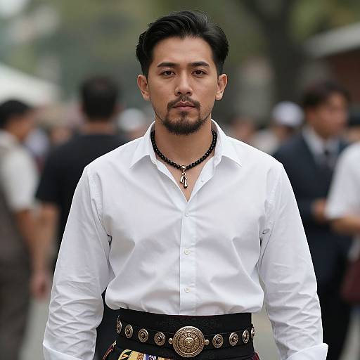 Photograph of an Asian man with dark hair and beard, wearing a white button-up shirt, black necklace, and ornate black belt, standing in