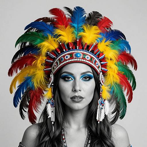 Photograph of a woman in black and white, wearing a vibrant, multi-colored feather headdress with red, blue, yellow, and green feathers.