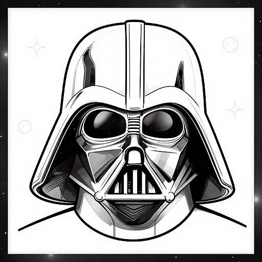 Black-and-white digital drawing of Darth Vader's helmet, emphasizing bold lines and stark contrasts, centered within a black-bordered white square.