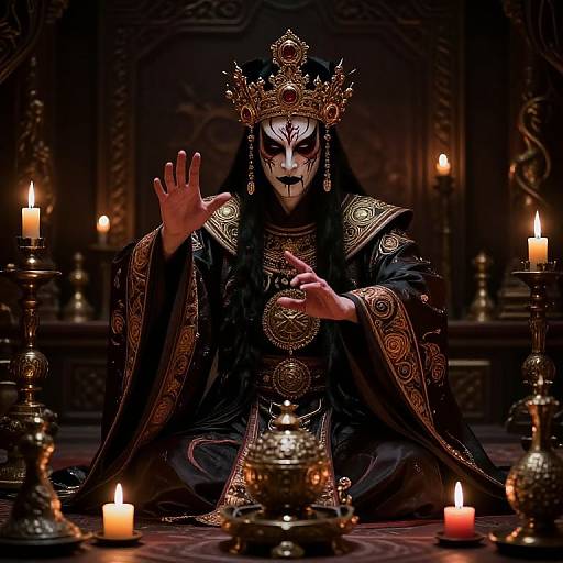Mysterious figure in ornate black robe and gold crown, with white-painted face, sits amidst lit candles in dark, ornate room. Phot