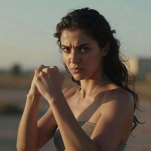 Photograph of a serious, wet-haired woman with tan skin, clenched fists, wearing a strapless top, standing outdoors against a blurred, sun