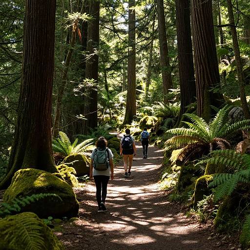 Photograph of three hikers on a sunlit forest trail, surrounded by tall redwoods and vibrant ferns, with dappled sunlight filtering through