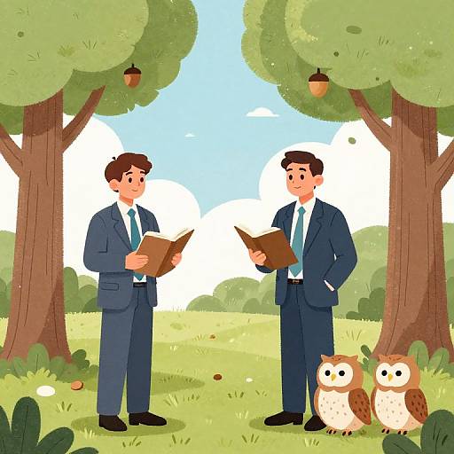 Cartoon illustration of two men in blue suits reading books under trees, with two owls on grass in foreground. Bright, sunny day.
