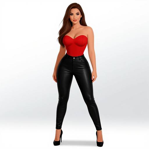 Photorealistic CGI of a confident woman with long brown hair, wearing a red strapless top, black leather pants, and black high heels, standing