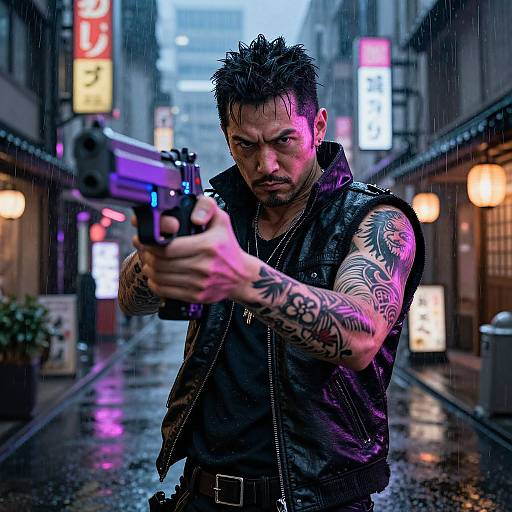 Tattooed, intense man in wet, sleeveless vest fires purple-lit gun in rainy, neon-lit urban alley at night. Phot