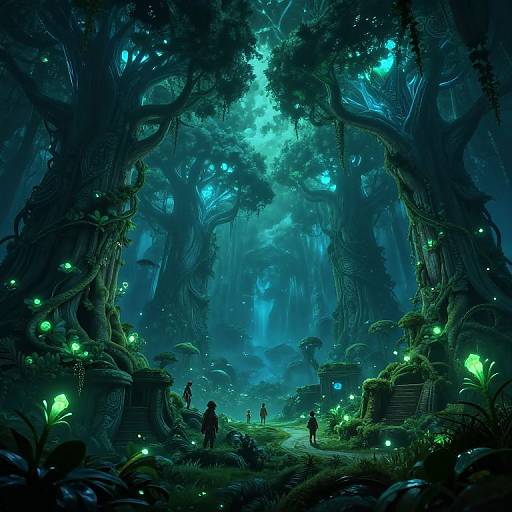 Fantastical digital artwork of a glowing, bioluminescent forest with towering trees, ethereal blue lights, and small, silhouetted