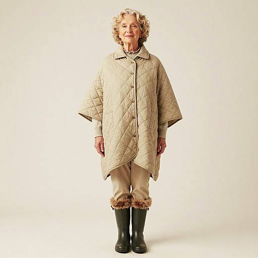Peaceful Elderly Woman in Cottagecore Rainwear