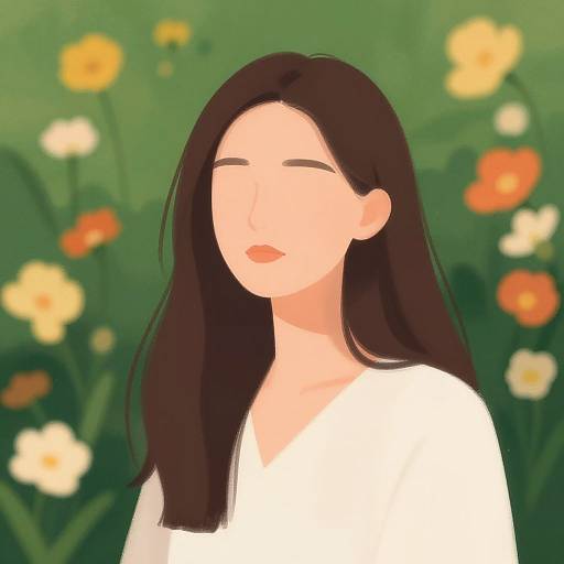 Digital illustration of a serene woman with long dark hair, closed eyes, and a white top, set against a blurred green floral background.