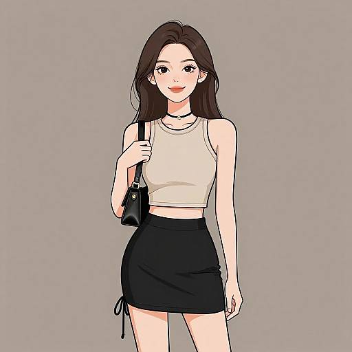 Digital anime-style drawing of a cute young woman with long brown hair, wearing a white crop top and black skirt, carrying a black shoulder bag, standing