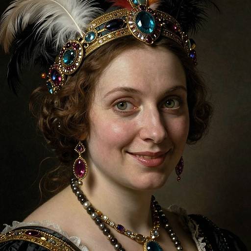 Photograph of a fair-skinned woman with curly brown hair, wearing a jeweled crown, matching earrings, necklace, and vintage-style dress, smiling