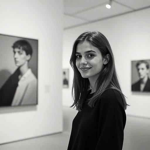 Black-and-white photograph of a young woman with straight, shoulder-length hair, smiling, standing in an art gallery with framed portraits on white walls in the