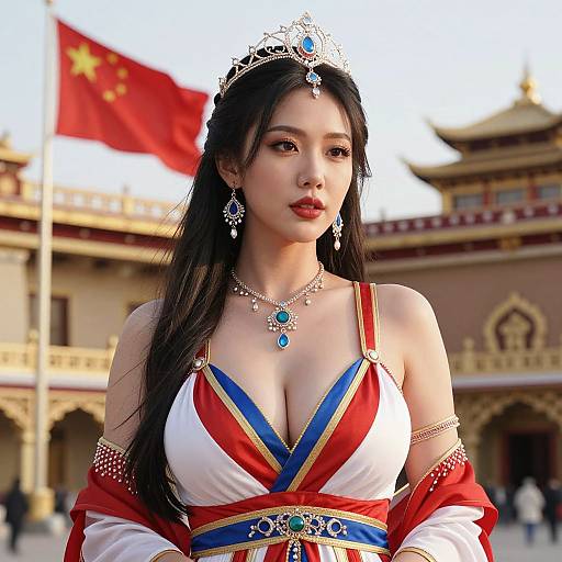 Photorealistic digital artwork of an Asian woman with long black hair, wearing a traditional Chinese-inspired outfit, jeweled tiara, and necklace, standing